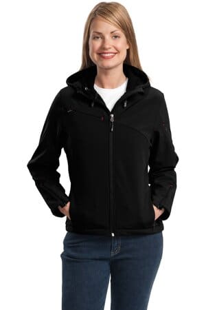BLACK/ ENGINE RED L706 port authority ladies textured hooded soft shell jacket