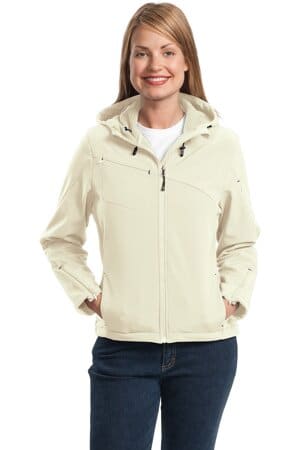 CHALK WHITE/ CHARCOAL L706 port authority ladies textured hooded soft shell jacket
