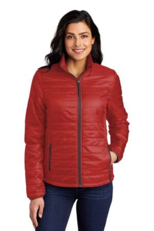 FIRE RED/ GRAPHITE L850 port authority ladies packable puffy jacket