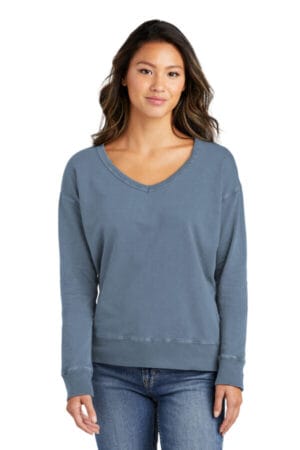 FADED DENIM LPC098V port & company ladies beach wash garment-dyed v-neck sweatshirt