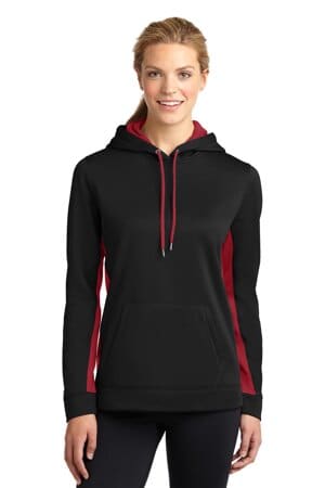 BLACK/ DEEP RED LST235 sport-tek ladies sport-wick fleece colorblock hooded pullover