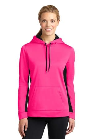 NEON PINK/ BLACK LST235 sport-tek ladies sport-wick fleece colorblock hooded pullover