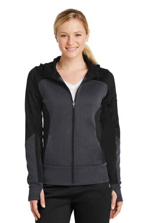 BLACK/ GRAPHITE HEATHER/ BLACK LST245 sport-tek ladies tech fleece colorblock full-zip hooded jacket