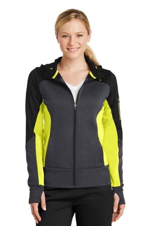 BLACK/ GRAPHITE HEATHER/ CITRON LST245 sport-tek ladies tech fleece colorblock full-zip hooded jacket