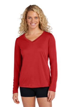 DEEP RED LST353LS sport-tek women's long sleeve posicharge competitor v-neck tee