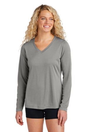 GREY CONCRETE HEATHER LST353LS sport-tek women's long sleeve posicharge competitor v-neck tee