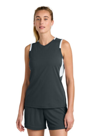 IRON GREY/ WHITE LST441 sport-tek women's club sleeveless v-neck