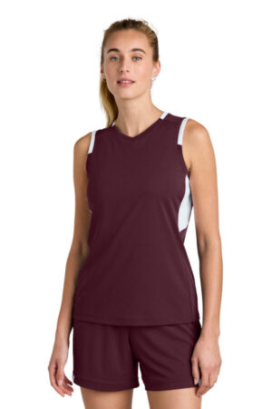 MAROON/ WHITE LST441 sport-tek women's club sleeveless v-neck