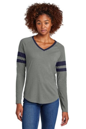 TRUE NAVY/ VINTAGE HEATHER LST6043 sport-tek women's halftime stripe long sleeve v-neck tee