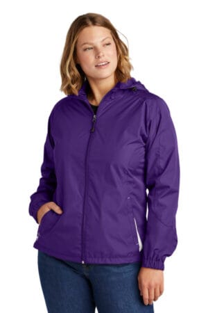 PURPLE/ WHITE LST76 sport-tek ladies colorblock hooded raglan jacket