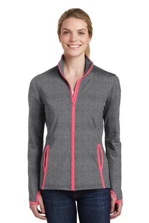 CHARCOAL GREY HEATHER/ HOT CORAL LST853 sport-tek ladies sport-wick stretch contrast full-zip jacket