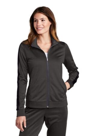 GRAPHITE/ BLACK LST94 sport-tek ladies tricot sleeve stripe track jacket