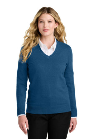 AEGEAN BLUE HEATHER LSW2850 port authority women's easy care v-neck sweater