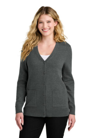 CHARCOAL HEATHER LSW4150 port authority women's easy care button-up cardigan sweater