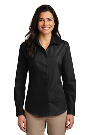 DEEP BLACK LW100 port authority ladies long sleeve carefree poplin shirt