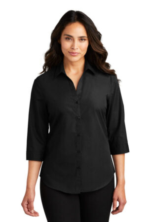 DEEP BLACK LW102 port authority ladies 3/4-sleeve carefree poplin shirt