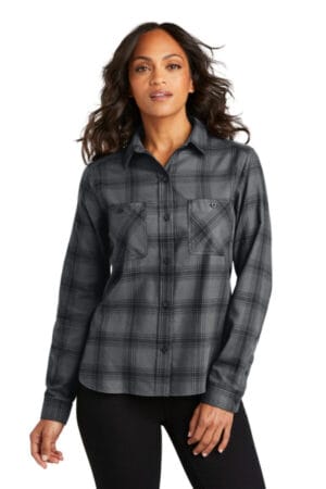 GREY/ BLACK OPEN PLAID LW669 port authority ladies plaid flannel shirt