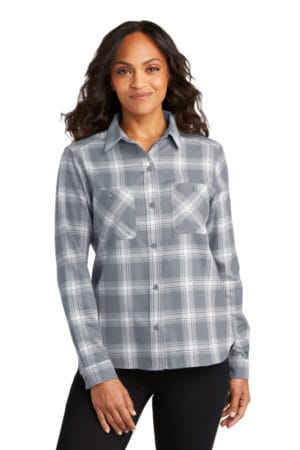GREY/ CREAM OPEN PLAID LW669 port authority ladies plaid flannel shirt