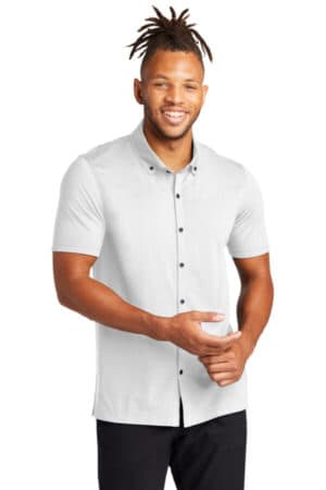 WHITE MM1006 mercer mettle stretch pique full-button polo