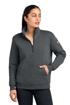 CHARCOAL HEATHER NKDX6720 nike women's club fleece sleeve swoosh 1/2-zip