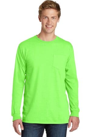 NEON GREEN PC099LSP port & company beach wash garment-dyed long sleeve pocket tee