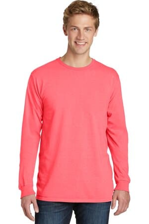 NEON CORAL PC099LS port & company beach wash garment-dyed long sleeve tee
