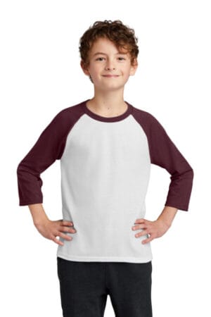 WHITE/ ATHLETIC MAROON PC55YRS port & company youth core blend 3/4-sleeve raglan tee