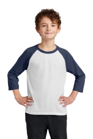 WHITE/ NAVY PC55YRS port & company youth core blend 3/4-sleeve raglan tee