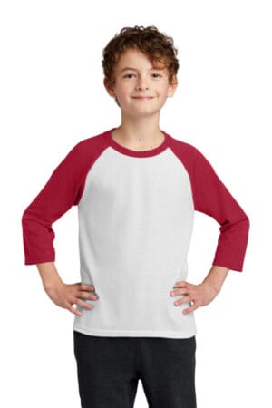 WHITE/ RED PC55YRS port & company youth core blend 3/4-sleeve raglan tee