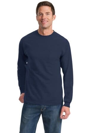 NAVY PC61LSPT port & company tall long sleeve essential pocket tee