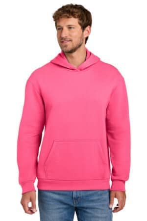 NEON PINK PC68H port & co easy fleece pullover hooded sweatshirt