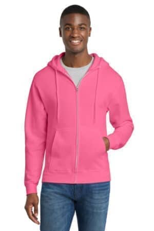 NEON PINK PC78ZH port & co core fleece full-zip hooded sweatshirt
