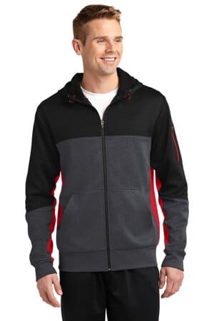 BLACK/ GRAPHITE HEATHER/ TRUE RED ST245 sport-tek tech fleece colorblock full-zip hooded jacket
