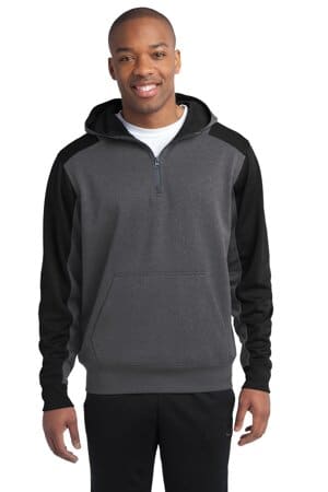GRAPHITE HEATHER/ BLACK ST249 sport-tek tech fleece colorblock 1/4-zip hooded sweatshirt