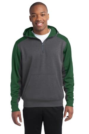 GRAPHITE HEATHER/ FOREST GREEN ST249 sport-tek tech fleece colorblock 1/4-zip hooded sweatshirt
