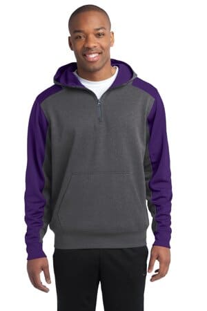 GRAPHITE HEATHER/ PURPLE ST249 sport-tek tech fleece colorblock 1/4-zip hooded sweatshirt