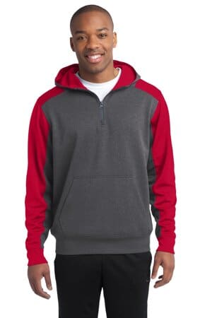 GRAPHITE HEATHER/ TRUE RED ST249 sport-tek tech fleece colorblock 1/4-zip hooded sweatshirt