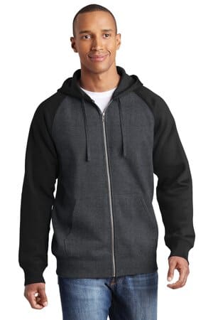GRAPHITE HEATHER/ BLACK ST269 sport-tek raglan colorblock full-zip hooded fleece jacket