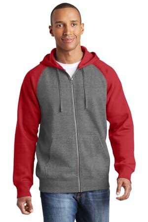 VINTAGE HEATHER/ TRUE RED ST269 sport-tek raglan colorblock full-zip hooded fleece jacket