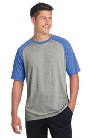 TRUE ROYAL HEATHER/ LIGHT GREY HEATHER ST400 sport-tek posicharge tri-blend wicking raglan tee