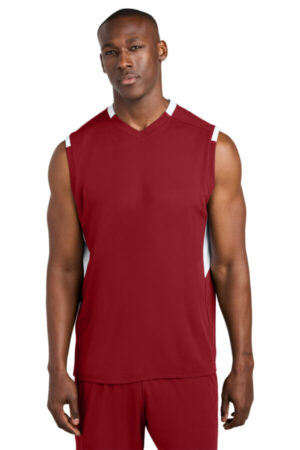 DEEP RED/ WHITE ST441 sport-tek club sleeveless v-neck