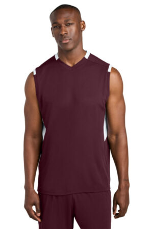 MAROON/ WHITE ST441 sport-tek club sleeveless v-neck