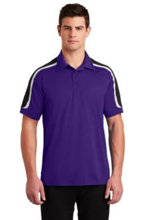 PURPLE/ BLACK/ WHITE ST658 sport-tek tricolor shoulder micropique sport-wick polo