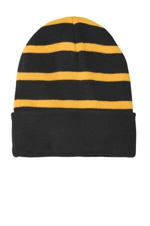 BLACK/ GOLD STC31 sport-tek striped beanie with solid band