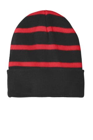 BLACK/ TRUE RED STC31 sport-tek striped beanie with solid band