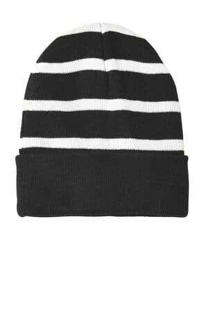 BLACK/ WHITE STC31 sport-tek striped beanie with solid band