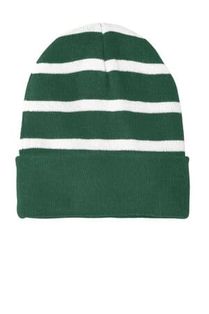 FOREST GREEN/ WHITE STC31 sport-tek striped beanie with solid band