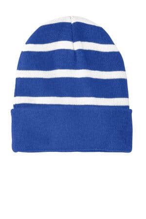 TRUE ROYAL/ WHITE STC31 sport-tek striped beanie with solid band