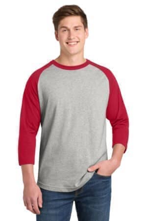 HEATHER GREY/ RED T200 sport-tek colorblock raglan jersey