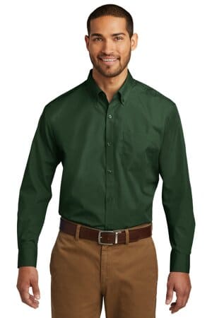 DEEP FOREST GREEN W100 port authority long sleeve carefree poplin shirt